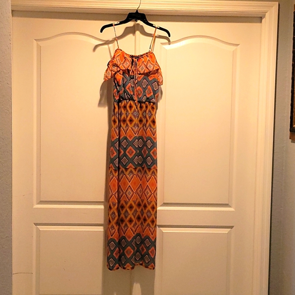 Orange Multicolored Aztec Print Off the Shoulder Long Dress Sz: XS